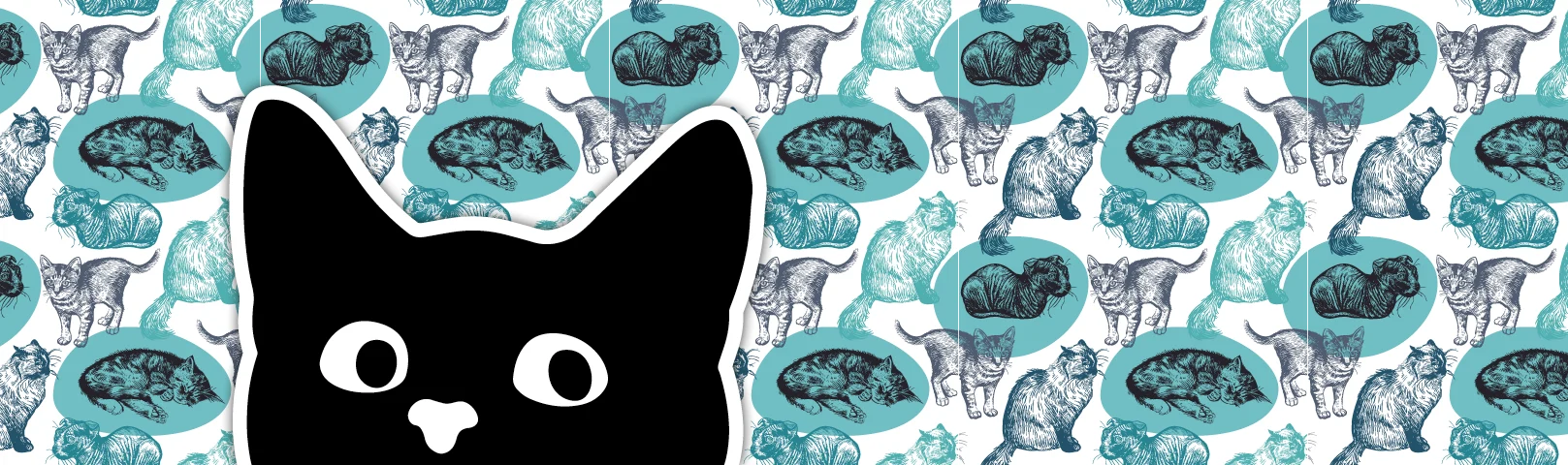 Illustration of a black cat with perked ears on a background of other kitties frolicking