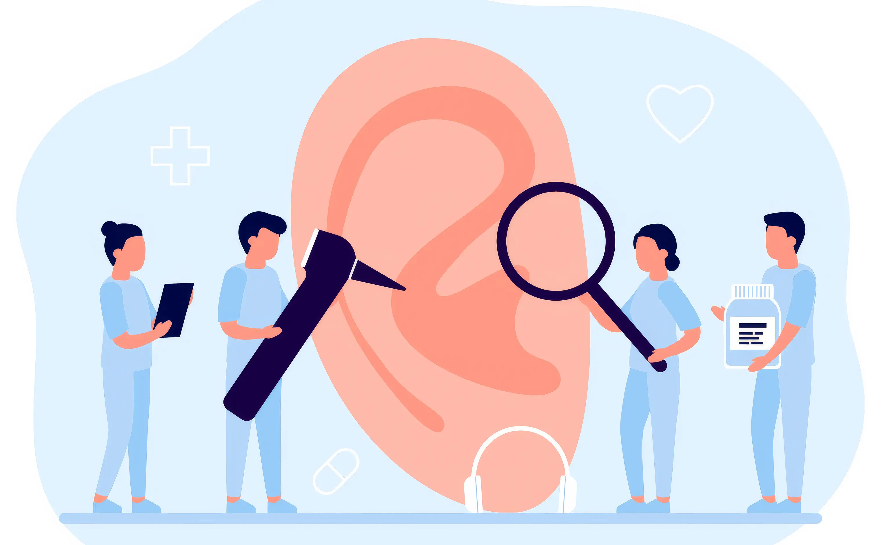 An illustration depicting a group of hearing care professionals surrounding an ear