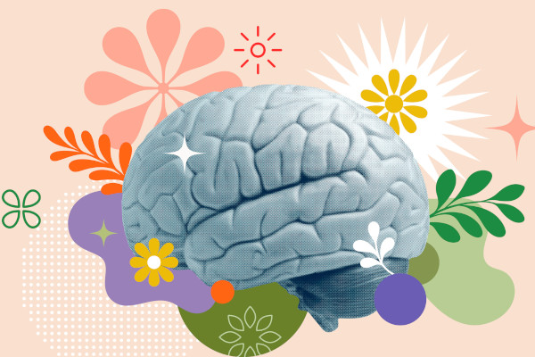 A brain set in front of a series of artistic floral patterns