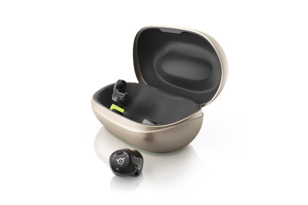 Phonak rechargeable hearing aids pictured with charging case